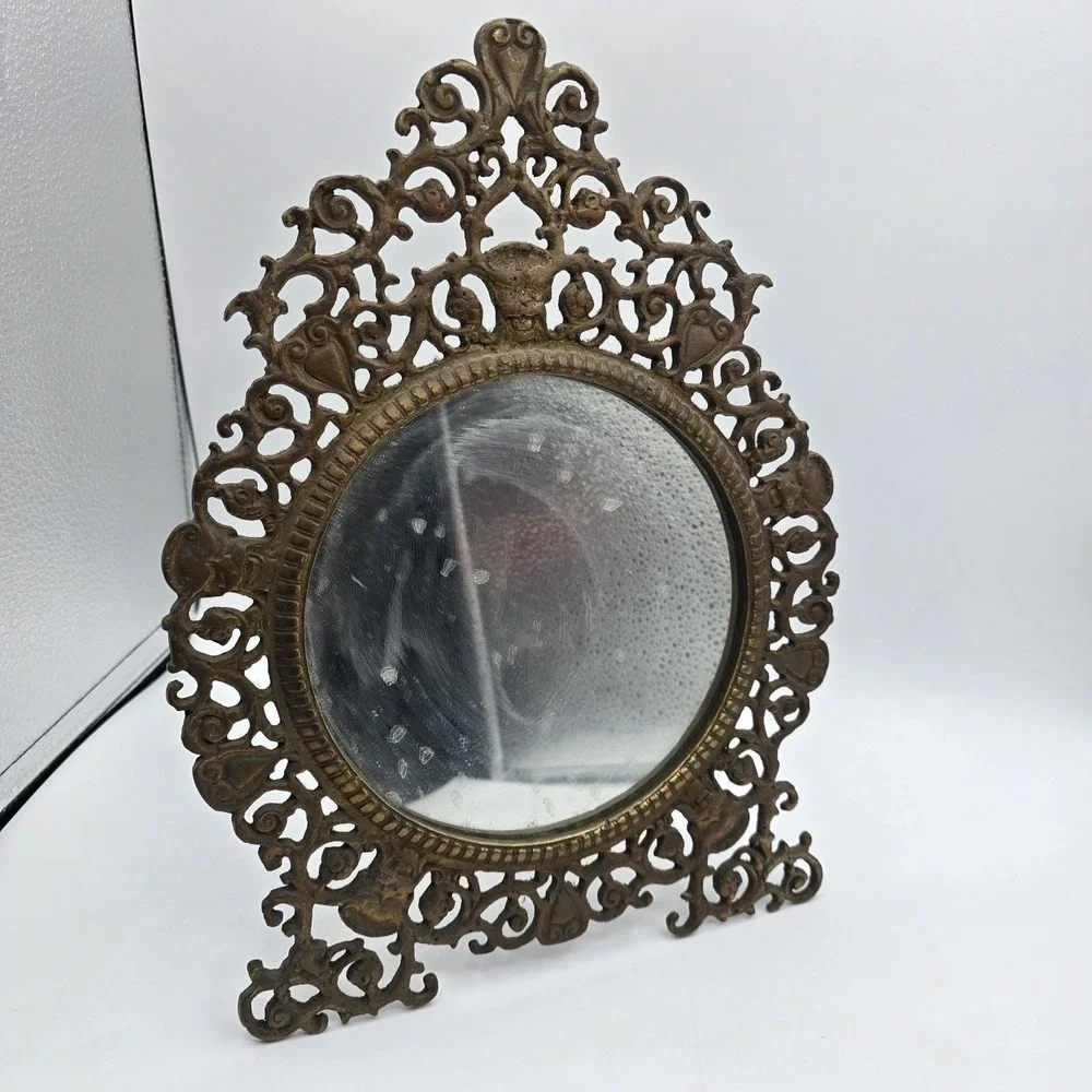 Brass Standing Mirror Hanging Wall Ornate Antique Vintage Scroll